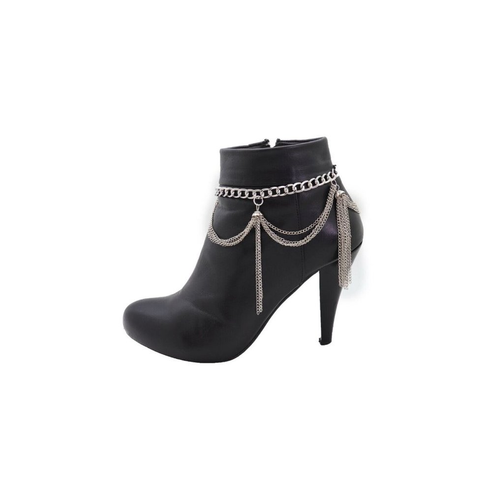 Women Silver Metal Chain Boot Bracelet Miami Beach Shoe Tassel Fringe Charms - Picture 10 of 12